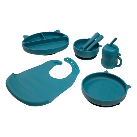 Set de Alimentación de Silicona Gatito Azul Petróleo-Carestino